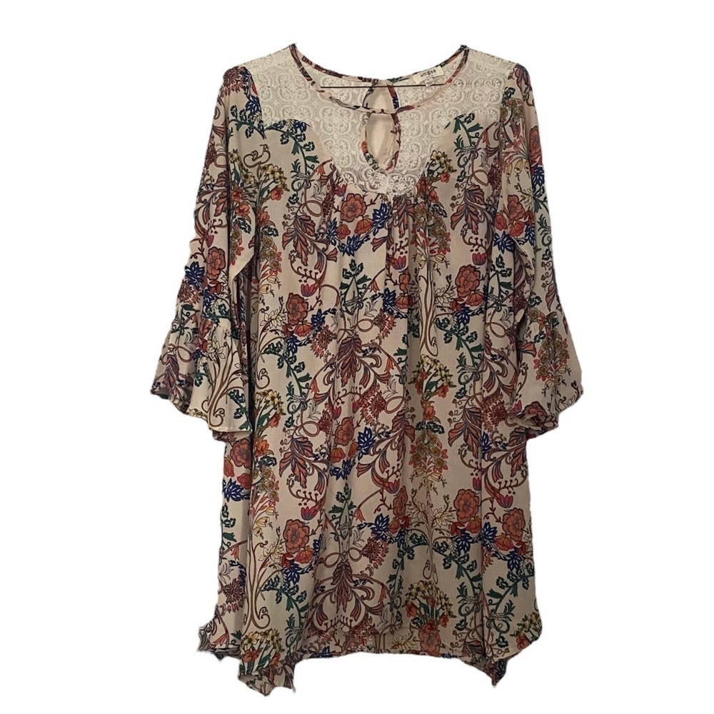 Umgee Boho Flowy Tunic w/Lace and Bell Sleeves Size Large